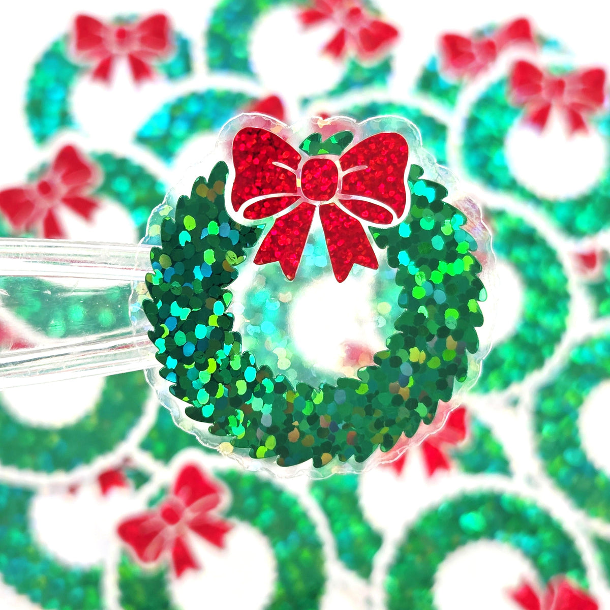 Sparkly Christmas Wreath Die Cut Stickers for card envelopes, gift tags and holiday crafts.