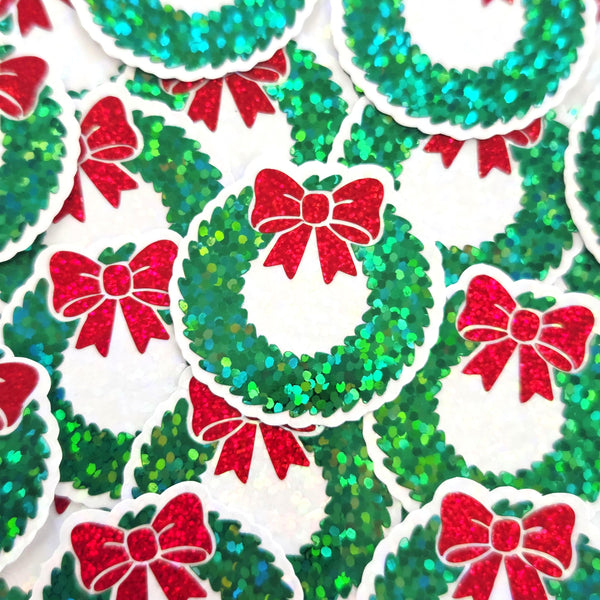 Sparkly Christmas Wreath Die Cut Stickers for card envelopes, gift tags and holiday crafts.