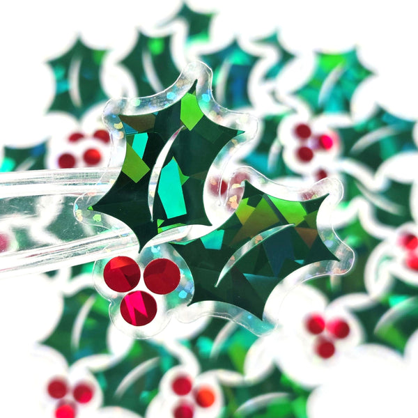 Holly Leaf and Berry Die Cut Stickers for Christmas card envelopes, gift tags and holiday crafts.