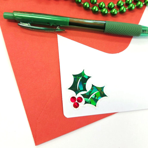 Holly Leaf and Berry Die Cut Stickers for Christmas card envelopes, gift tags and holiday crafts.
