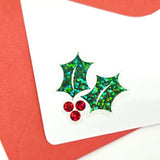 Holly Leaf and Berry Die Cut Stickers for Christmas card envelopes, gift tags and holiday crafts.