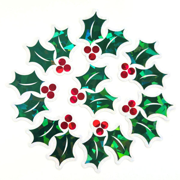 Holly Leaf and Berry Die Cut Stickers for Christmas card envelopes, gift tags and holiday crafts.