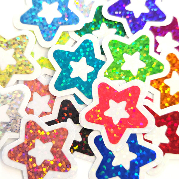Star Die Cut Stickers in multi colors, set of 32 glitter vinyl stars for crafts, journals, scrapbooks and classroom projects.