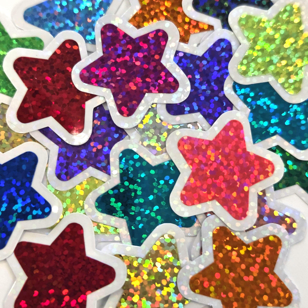 Sparkly Star Die Cut Stickers in multi colors, set of 32 glitter vinyl stars for crafts, journals, scrapbooks and classroom projects.