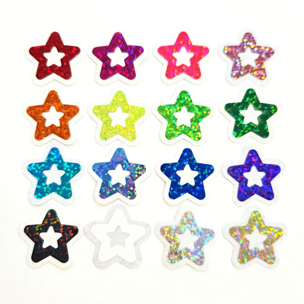 Star Die Cut Stickers in multi colors, set of 32 glitter vinyl stars for crafts, journals, scrapbooks and classroom projects.