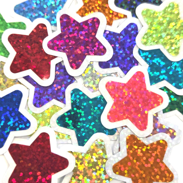 Star Die Cut Stickers in multi colors, set of 32 glitter vinyl stars for crafts, journals, scrapbooks and classroom projects.