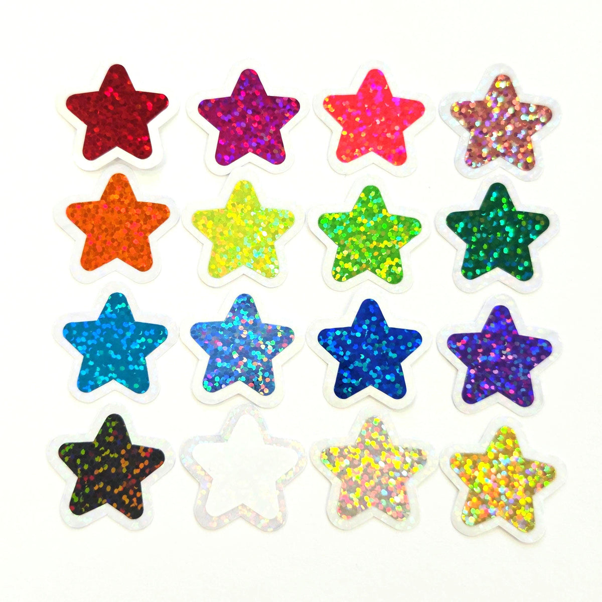 Star Die Cut Stickers in multi colors, set of 32 glitter vinyl stars for crafts, journals, scrapbooks and classroom projects.