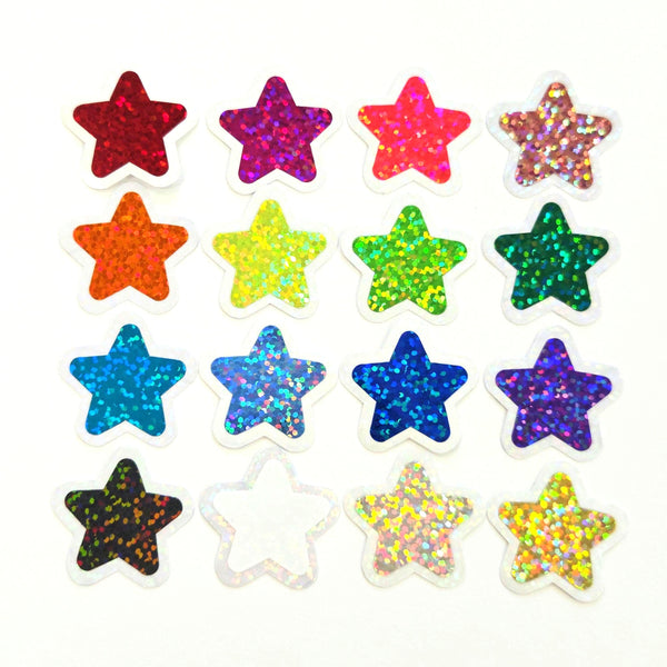 Star Die Cut Stickers in multi colors, set of 32 glitter vinyl stars for crafts, journals, scrapbooks and classroom projects.