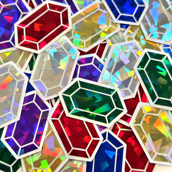 Red Rupee Gems Die Cut Sticker Set, multicolor sparkly stickers for gamers, tumblers, journals, scrapbooks and crafts