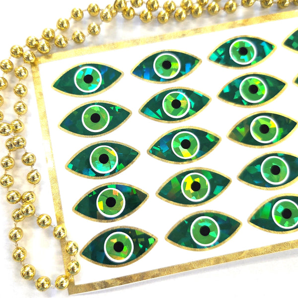 Green Eyes Sticker Sheet, set of 20 sparkly evil eye stickers for good luck spiritual protection symbol, karma charm, third eye stickers