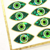 Green Eyes Sticker Sheet, set of 20 sparkly evil eye stickers for good luck spiritual protection symbol, karma charm, third eye stickers