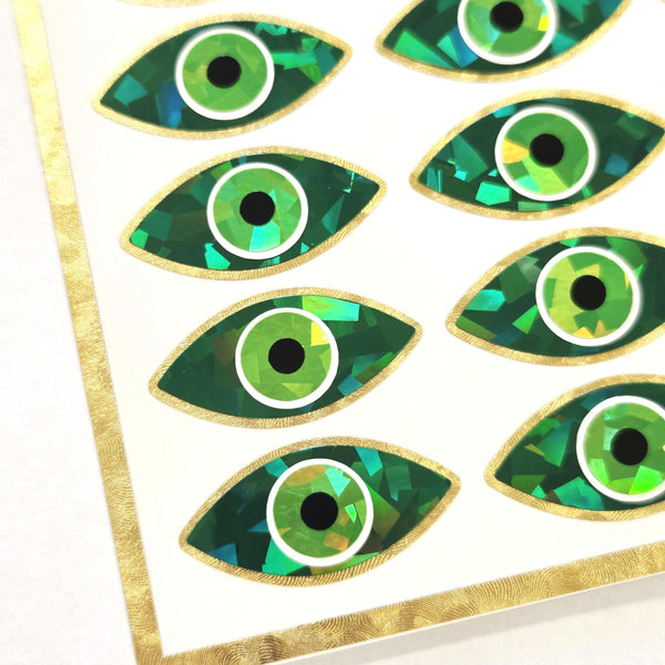 Green Eyes Sticker Sheet, set of 20 sparkly evil eye stickers for good luck spiritual protection symbol, karma charm, third eye stickers