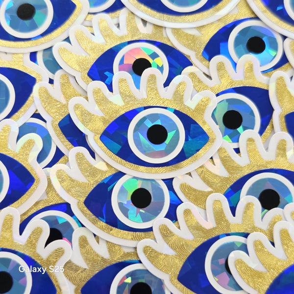 Blue Evil Eye with Gold Lashes, Die Cut Sticker Set for autumn crafts, mystical decor, good luck symbol.