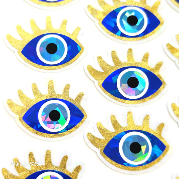 Blue Evil Eye with Gold Lashes, Die Cut Sticker Set for autumn crafts, mystical decor, good luck symbol.
