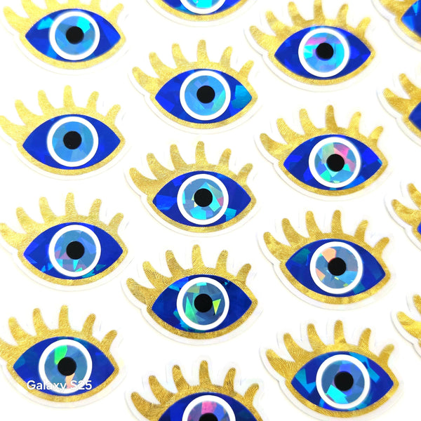 Blue Evil Eye with Gold Lashes, Die Cut Sticker Set for autumn crafts, mystical decor, good luck symbol.