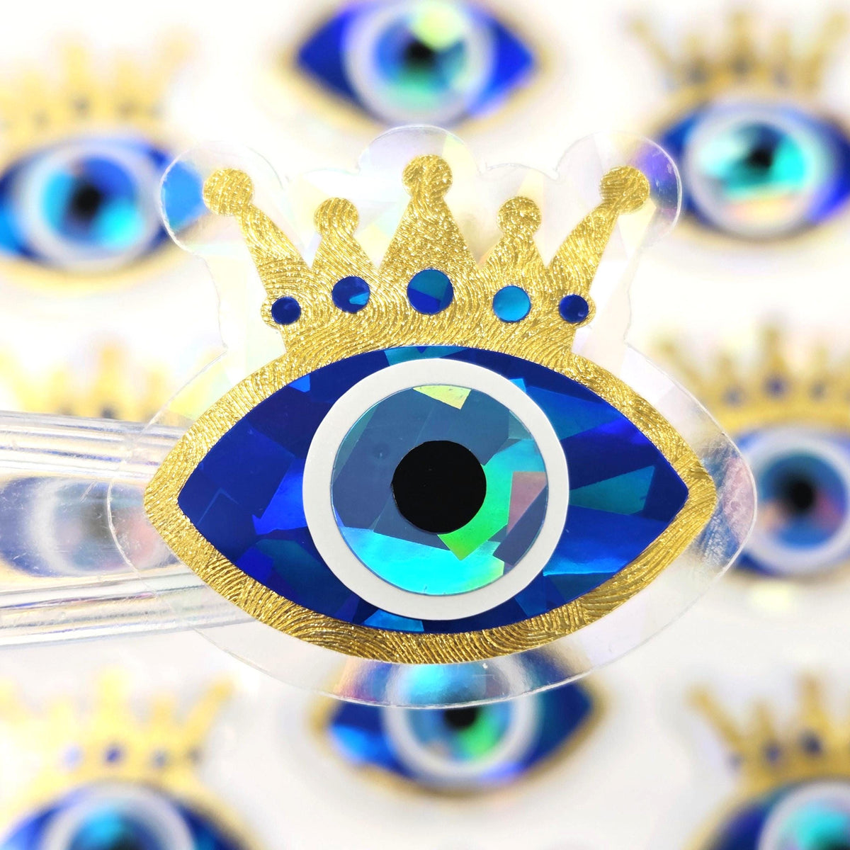 Blue Evil Eyes with Gold Crown Die Cut Sticker Set for autumn crafts, mystical decor, good luck symbol.
