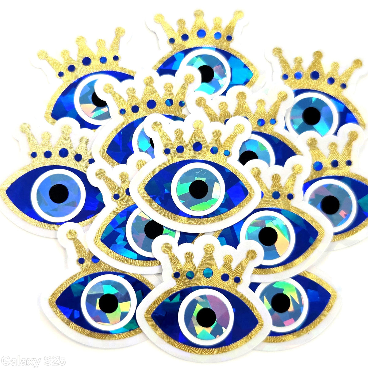 Blue Evil Eyes with Gold Crown Die Cut Sticker Set for autumn crafts, mystical decor, good luck symbol.