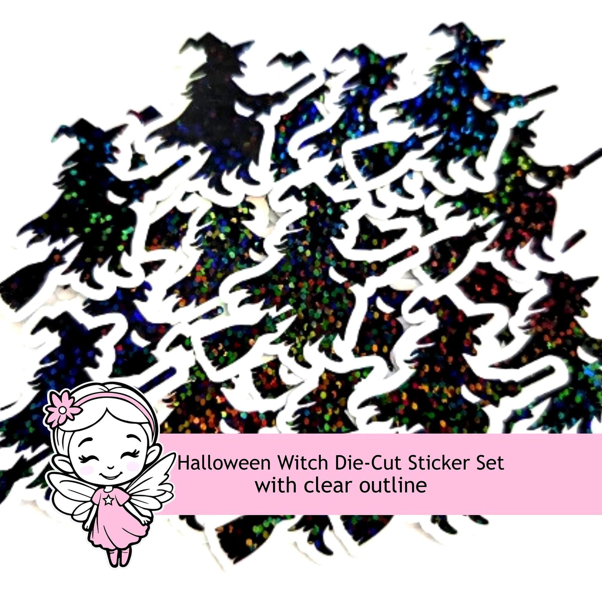 Witch Silhouette Die Cut Sparkly Sticker Set for Halloween spooky season crafts, tumblers, ID badge stickers