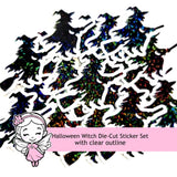 Witch Silhouette Die Cut Sparkly Sticker Set for Halloween spooky season crafts, tumblers, ID badge stickers