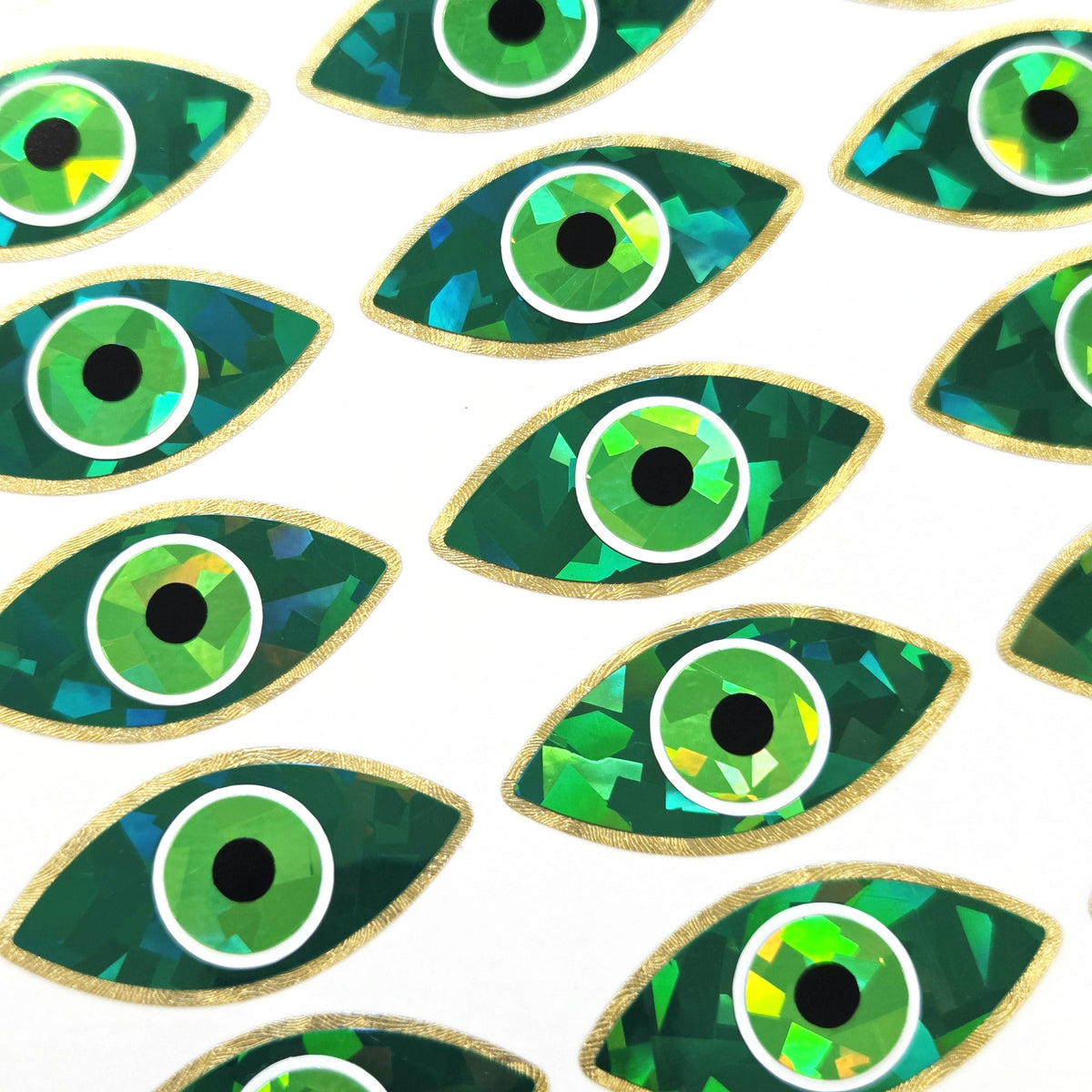 Green Eyes Sticker Sheet, set of 20 sparkly evil eye stickers for good luck spiritual protection symbol, karma charm, third eye stickers