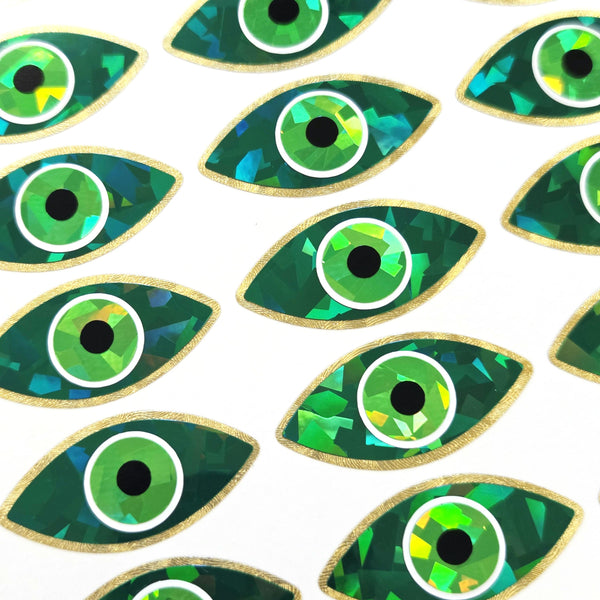 Green Eyes Sticker Sheet, set of 20 sparkly evil eye stickers for good luck spiritual protection symbol, karma charm, third eye stickers