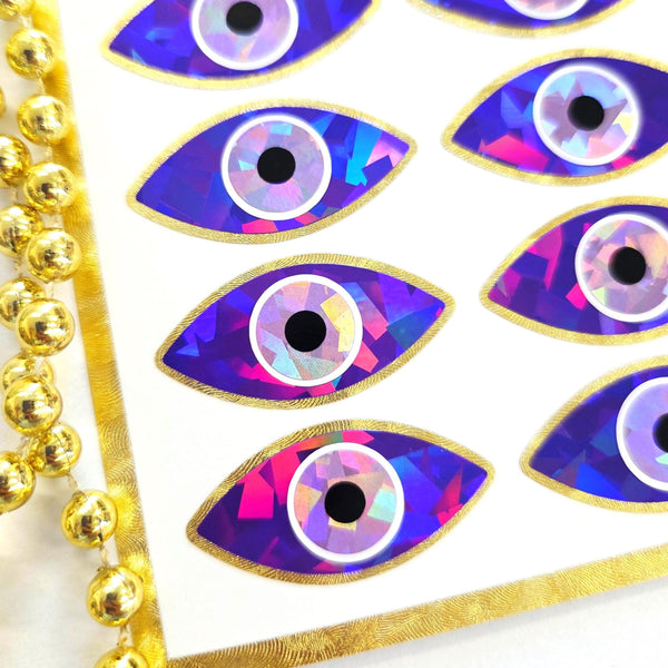 Purple Eyes Sticker Sheet, set of 20 sparkly evil eye stickers for good luck spiritual protection symbol, karma charm, third eye stickers