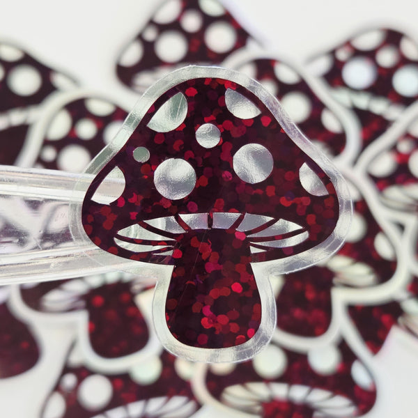 Burgundy Mushrooms Die Cut Sticker Set, New Dark Red Glitter Woodland Toadstools for fairycore decor