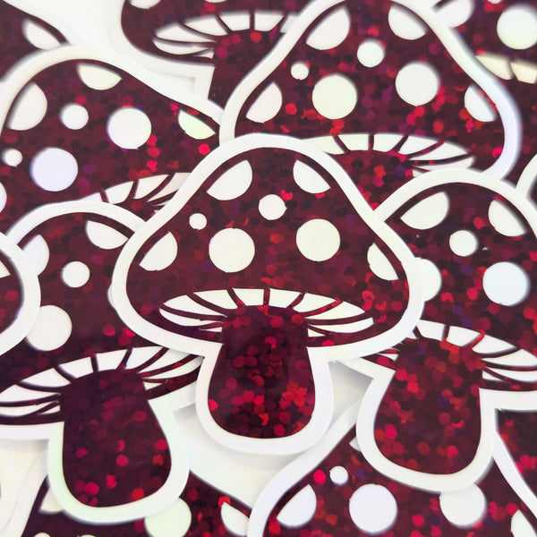 Burgundy Mushrooms Die Cut Sticker Set, New Dark Red Glitter Woodland Toadstools for fairycore decor