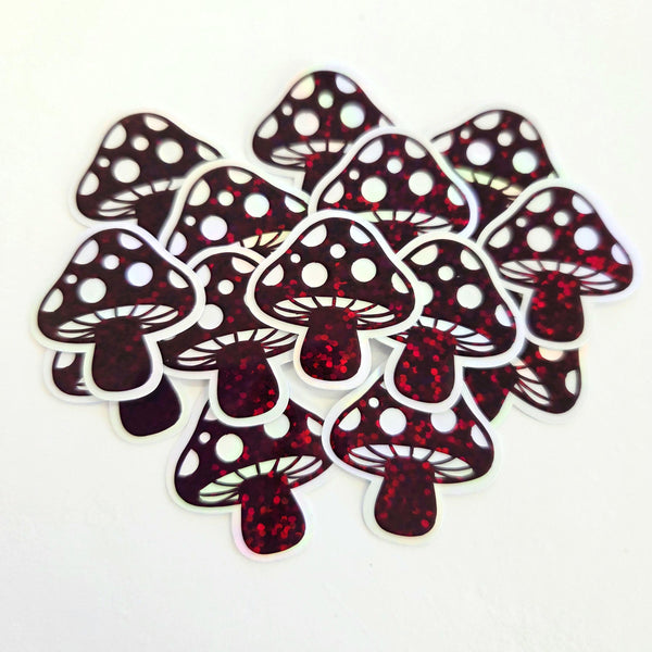Burgundy Mushrooms Die Cut Sticker Set, New Dark Red Glitter Woodland Toadstools for fairycore decor