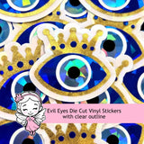 Blue Evil Eyes with Gold Crown Die Cut Sticker Set for autumn crafts, mystical decor, good luck symbol.