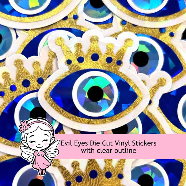 Blue Evil Eyes with Gold Crown Die Cut Sticker Set for autumn crafts, mystical decor, good luck symbol.
