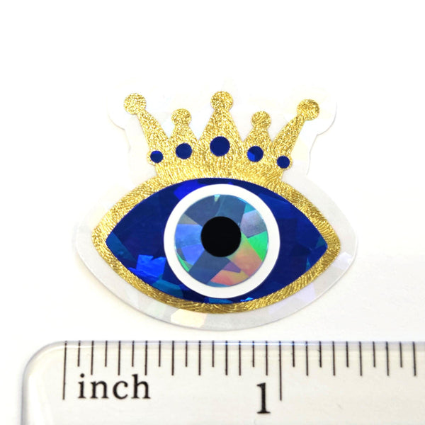 Blue Evil Eyes with Gold Crown Die Cut Sticker Set for autumn crafts, mystical decor, good luck symbol.