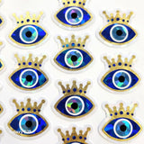 Blue Evil Eyes with Gold Crown Die Cut Sticker Set for autumn crafts, mystical decor, good luck symbol.