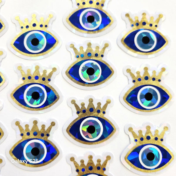 Blue Evil Eyes with Gold Crown Die Cut Sticker Set for autumn crafts, mystical decor, good luck symbol.