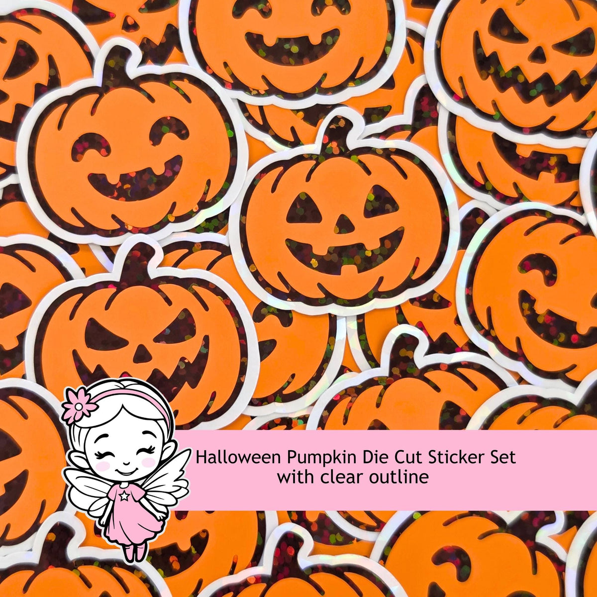 Set of Halloween Pumpkins Die Cut Stickers, Jack O Lantern glitter decals for teachers, journals, fall season decor.