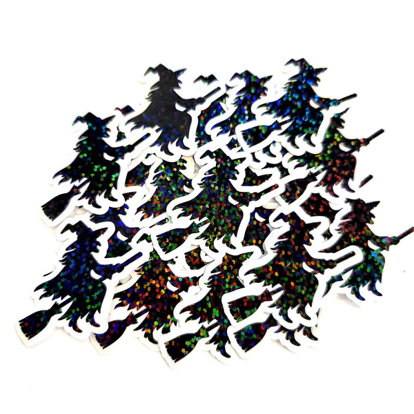 Witch Silhouette Die Cut Sparkly Sticker Set for Halloween spooky season crafts, tumblers, ID badge stickers