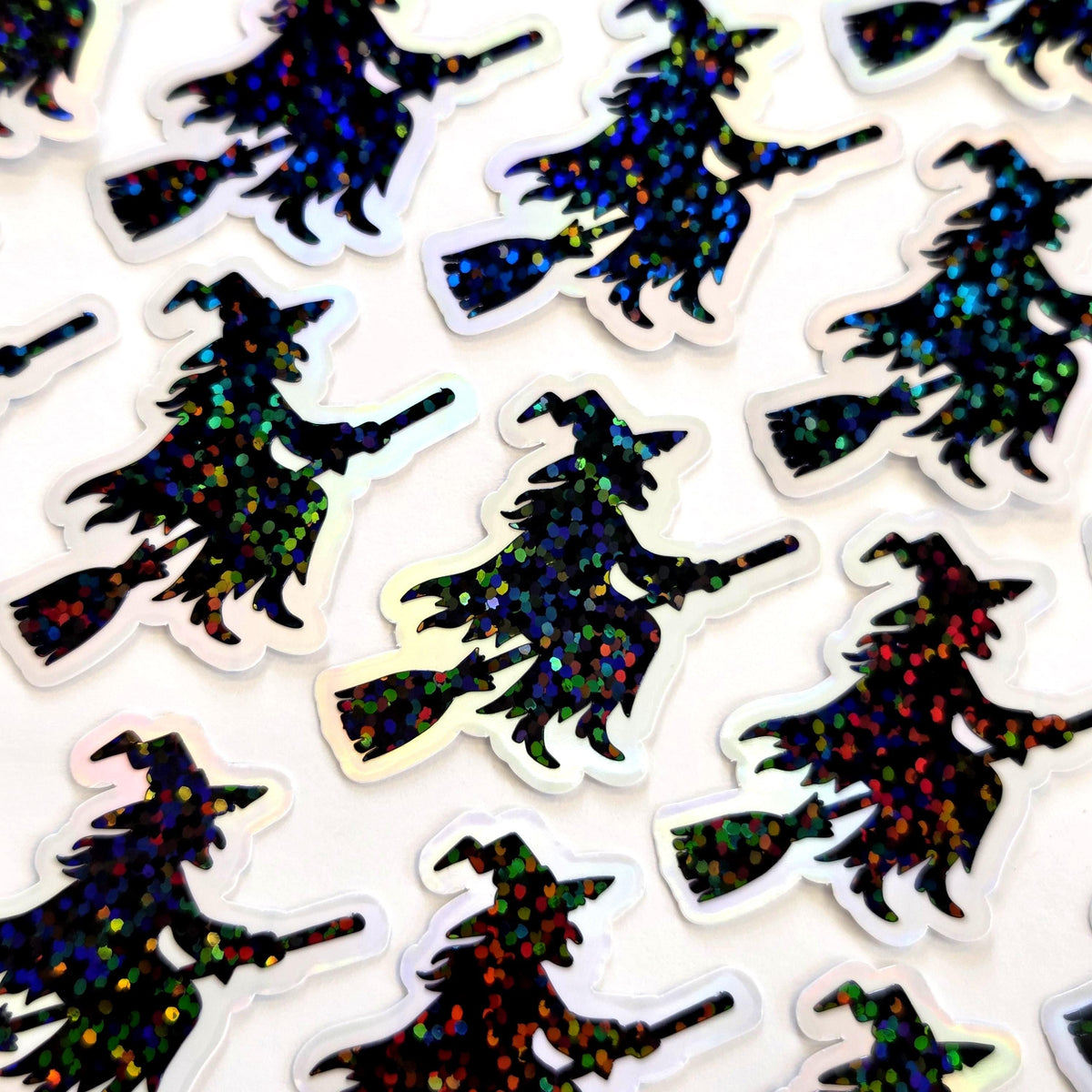 Witch Silhouette Die Cut Sparkly Sticker Set for Halloween spooky season crafts, tumblers, ID badge stickers