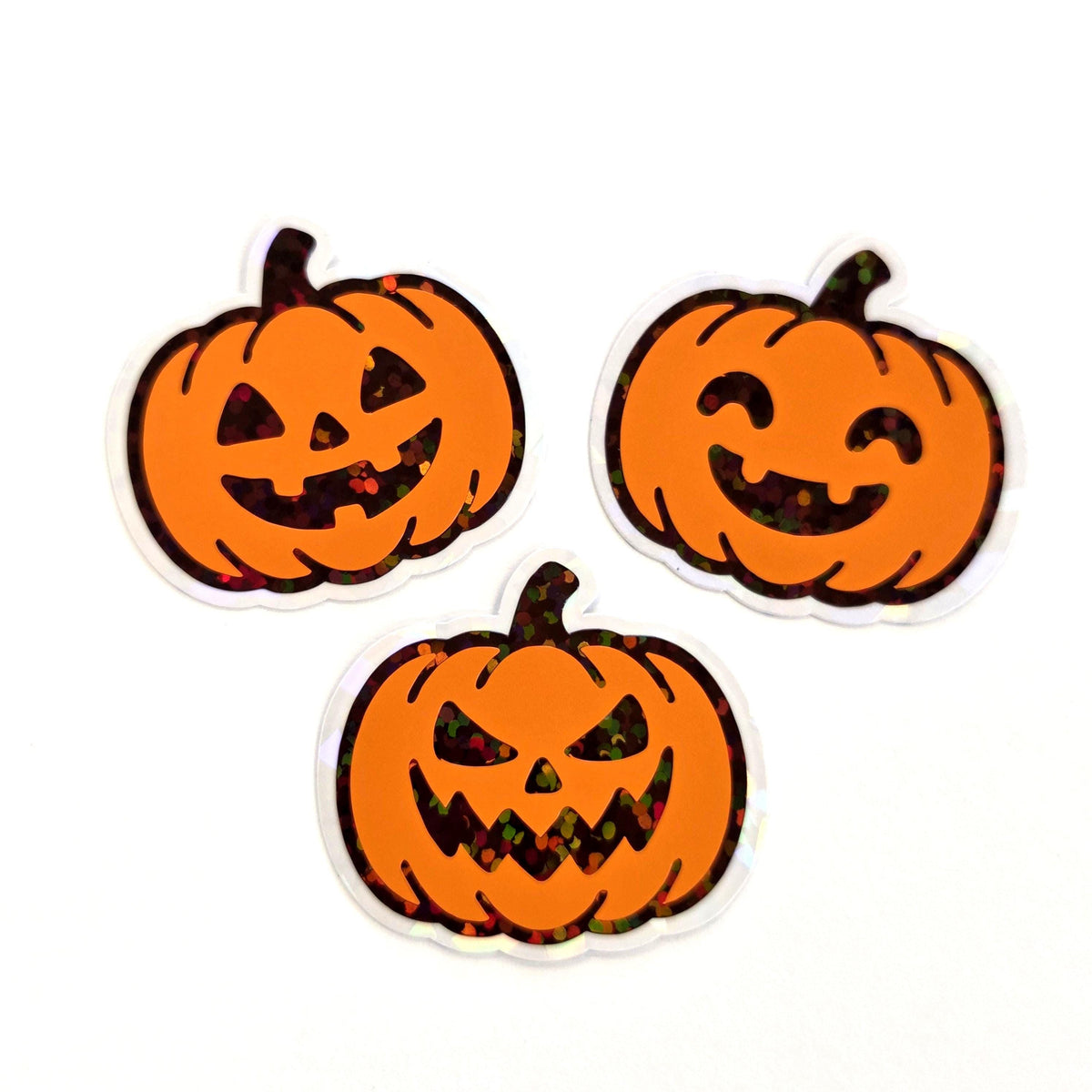 Set of Halloween Pumpkins Die Cut Stickers, Jack O Lantern glitter decals for teachers, journals, fall season decor.