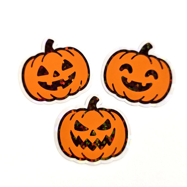 Set of Halloween Pumpkins Die Cut Stickers, Jack O Lantern glitter decals for teachers, journals, fall season decor.