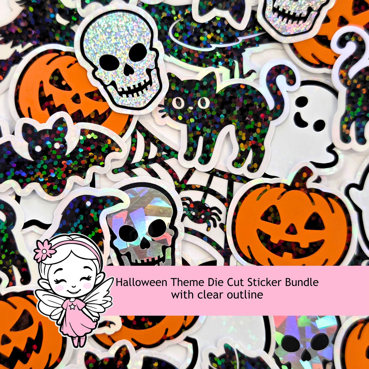 Halloween Themed Sticker Bundle, set of die cut glitter stickers for crafts, greeting cards and scrapbooks