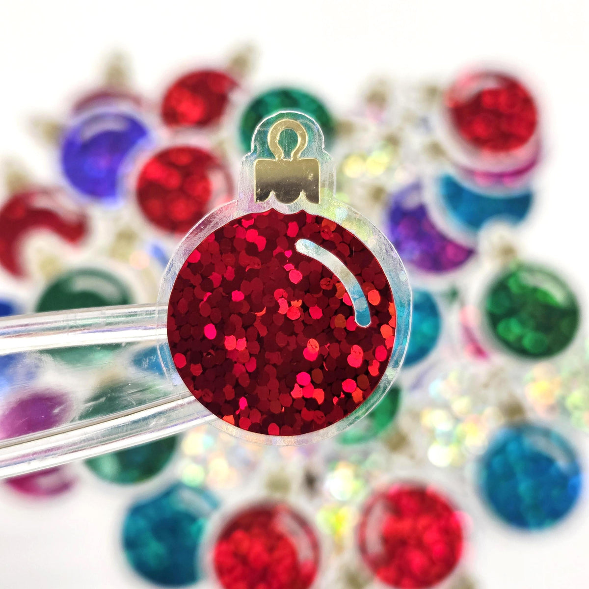 Christmas Ornaments Die Cut Stickers Set for holiday cards, gift tags, scrapbooking and crafts, glitter ball shaped bauble embellishments.