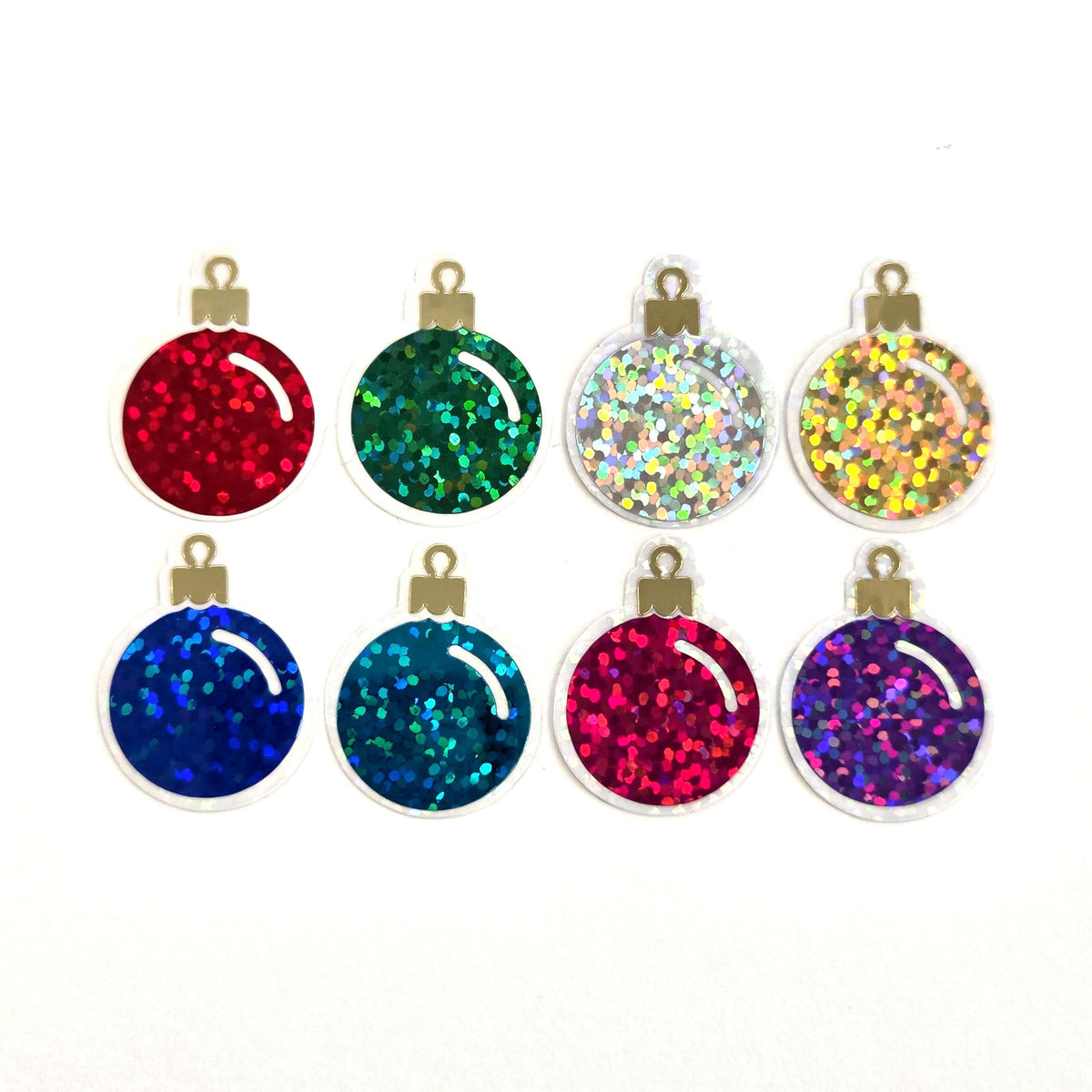 Christmas Ornaments Die Cut Stickers Set for holiday cards, gift tags, scrapbooking and crafts, glitter ball shaped bauble embellishments.
