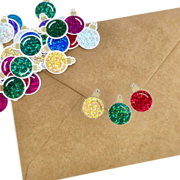Christmas Ornaments Die Cut Stickers Set for holiday cards, gift tags, scrapbooking and crafts, glitter ball shaped bauble embellishments.
