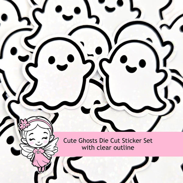 Cute Halloween Ghosts Die Cut Sticker Set for crafts, Trick or Treat bags, fall decor, spooky season stickers.