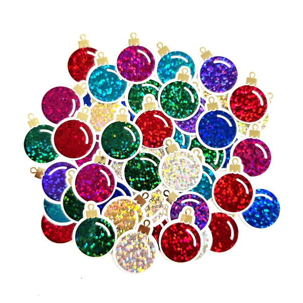Christmas Ornaments Die Cut Stickers Set for holiday cards, gift tags, scrapbooking and crafts, glitter ball shaped bauble embellishments.