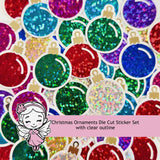 Christmas Ornaments Die Cut Stickers Set for holiday cards, gift tags, scrapbooking and crafts, glitter ball shaped bauble embellishments.