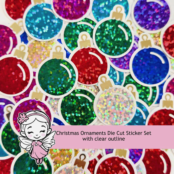 Christmas Ornaments Die Cut Stickers Set for holiday cards, gift tags, scrapbooking and crafts, glitter ball shaped bauble embellishments.