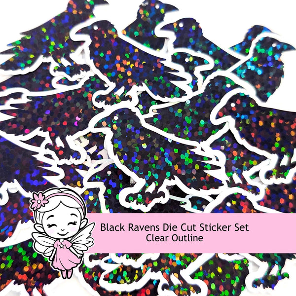 Black Raven Birds Die Cut Sparkly Glitter Stickers for Halloween, spooky season crafts