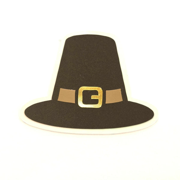 Pilgrim Hats Die Cut Stickers for Thanksgiving, craft embellishments for holiday dinner decor, gift tags and place cards.