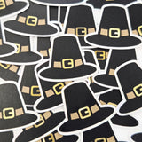 Pilgrim Hats Die Cut Stickers for Thanksgiving, craft embellishments for holiday dinner decor, gift tags and place cards.
